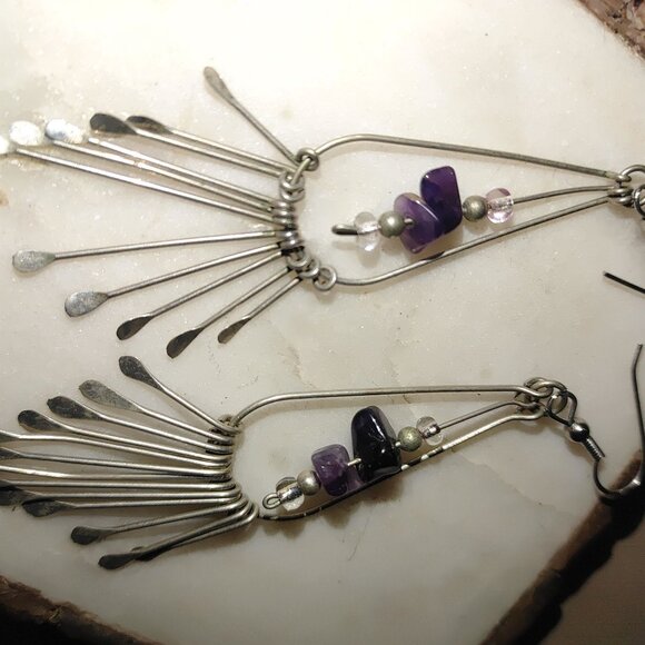 Long Vintage Silver Dangle Earrings Purple  Amethyst  Pearl Beads Fringe - Picture 6 of 9